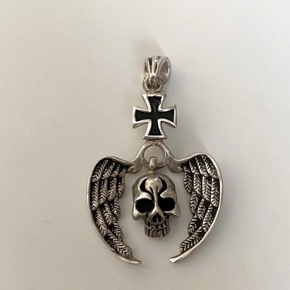925 Silver skull angel wings pendant iron cross unisex - Picture 4 of 6
